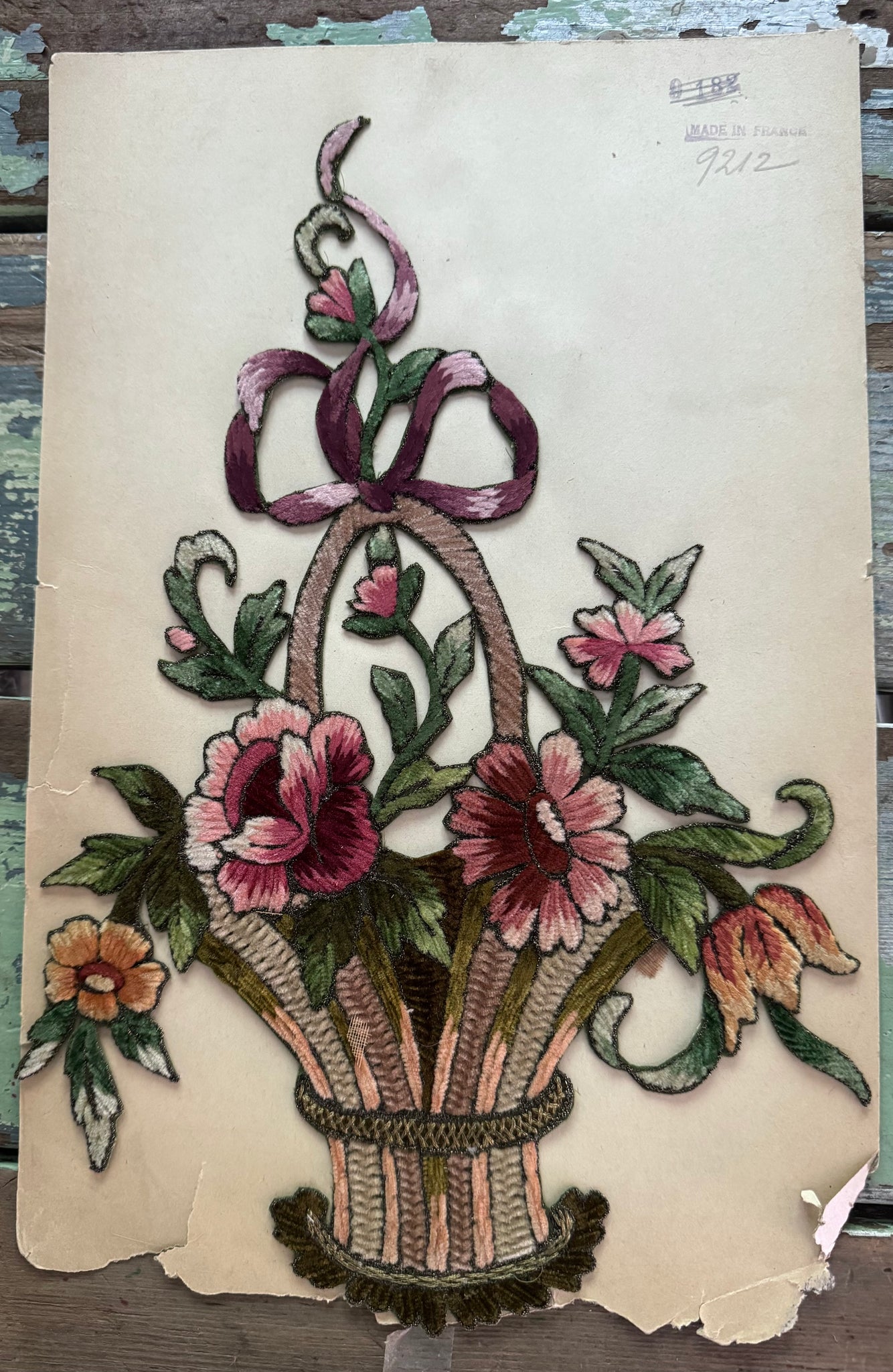Exquisite Multi-Color French Chenille Basket of Flowers Applique