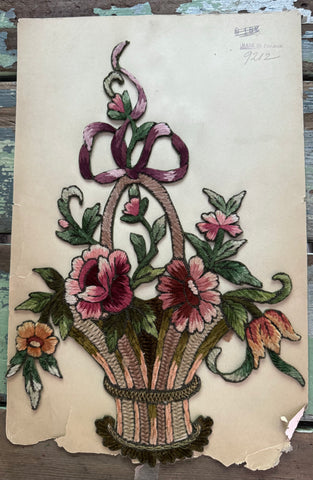 Exquisite Multi-Color French Chenille Basket of Flowers Applique
