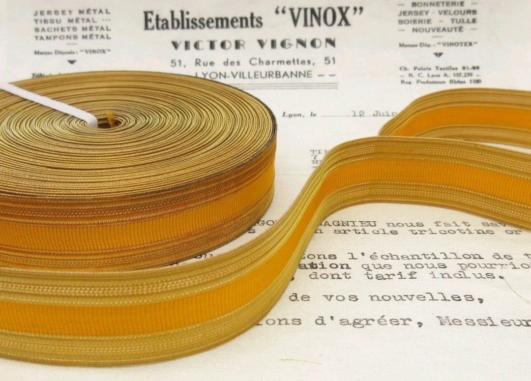 1 yd Antique/Vintage French Gold Wire W/Yellow Stripe Cavalry Metallic Trim