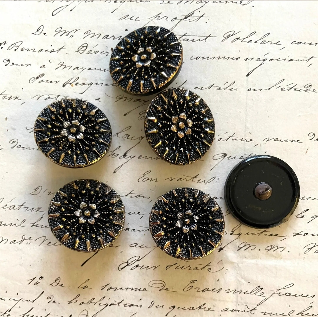 6 Vintage Flower Starburst Glass Button with Brass Shank