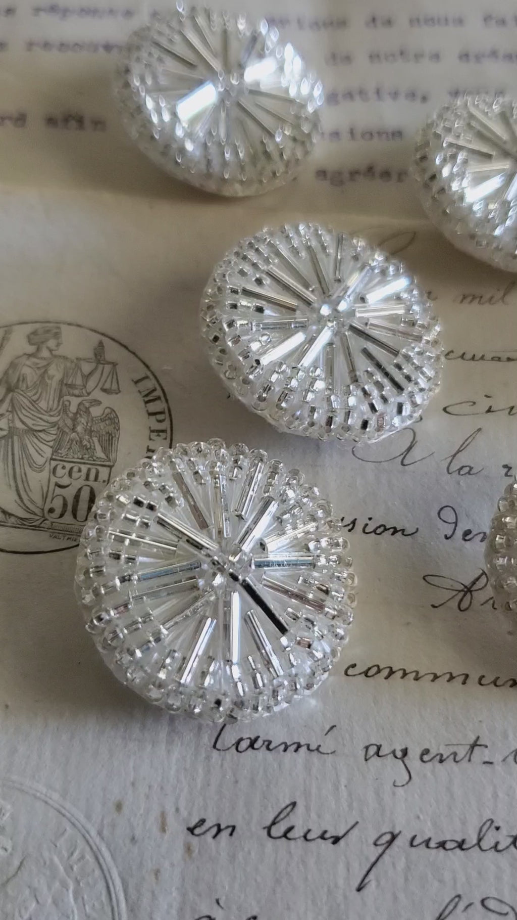 6 Round Silver Glass Bugle Buttons