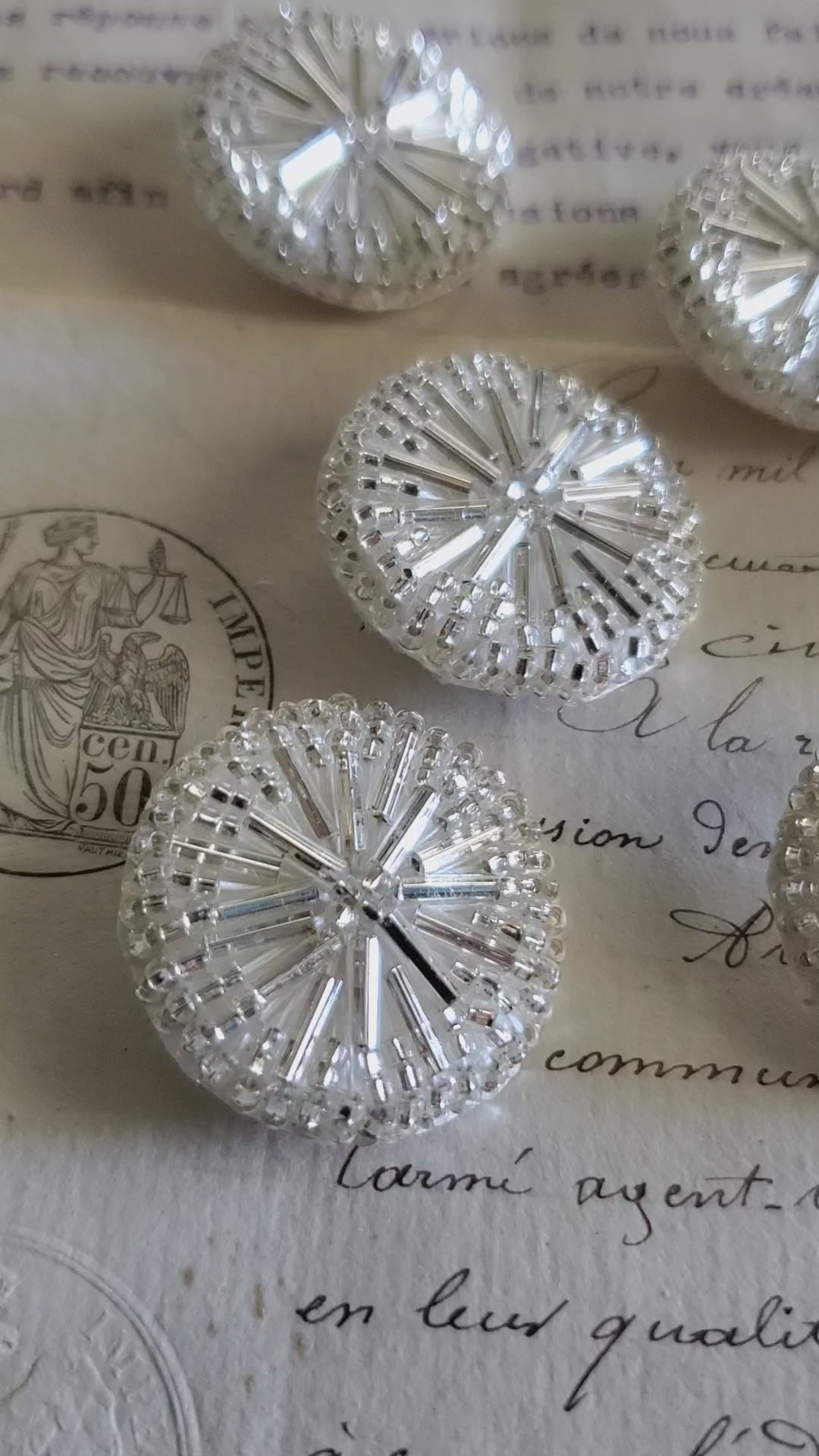 6 Round Silver Glass Bugle Buttons