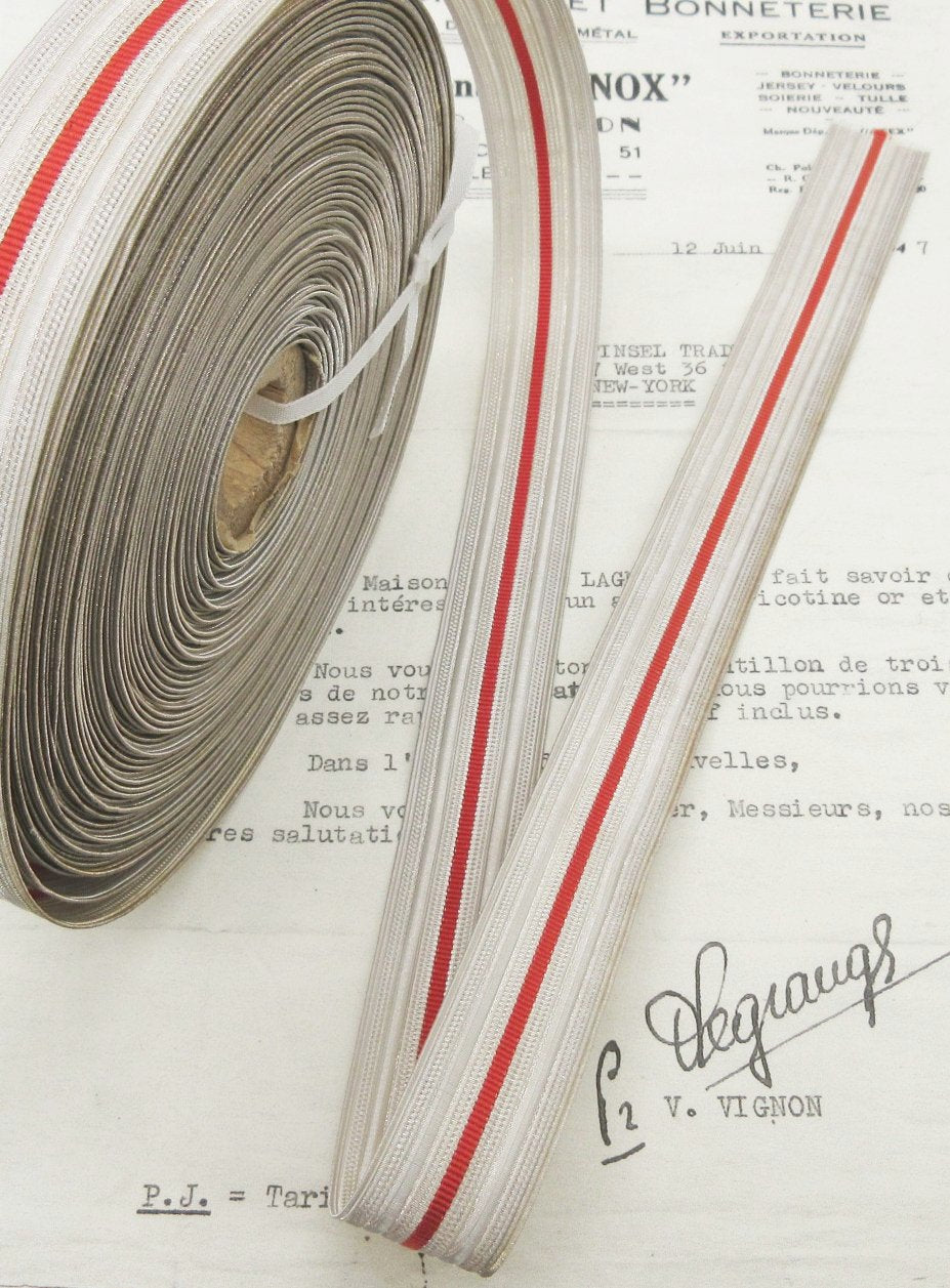 Silver Metallic Wire Trim with Red Stripe 7/8"