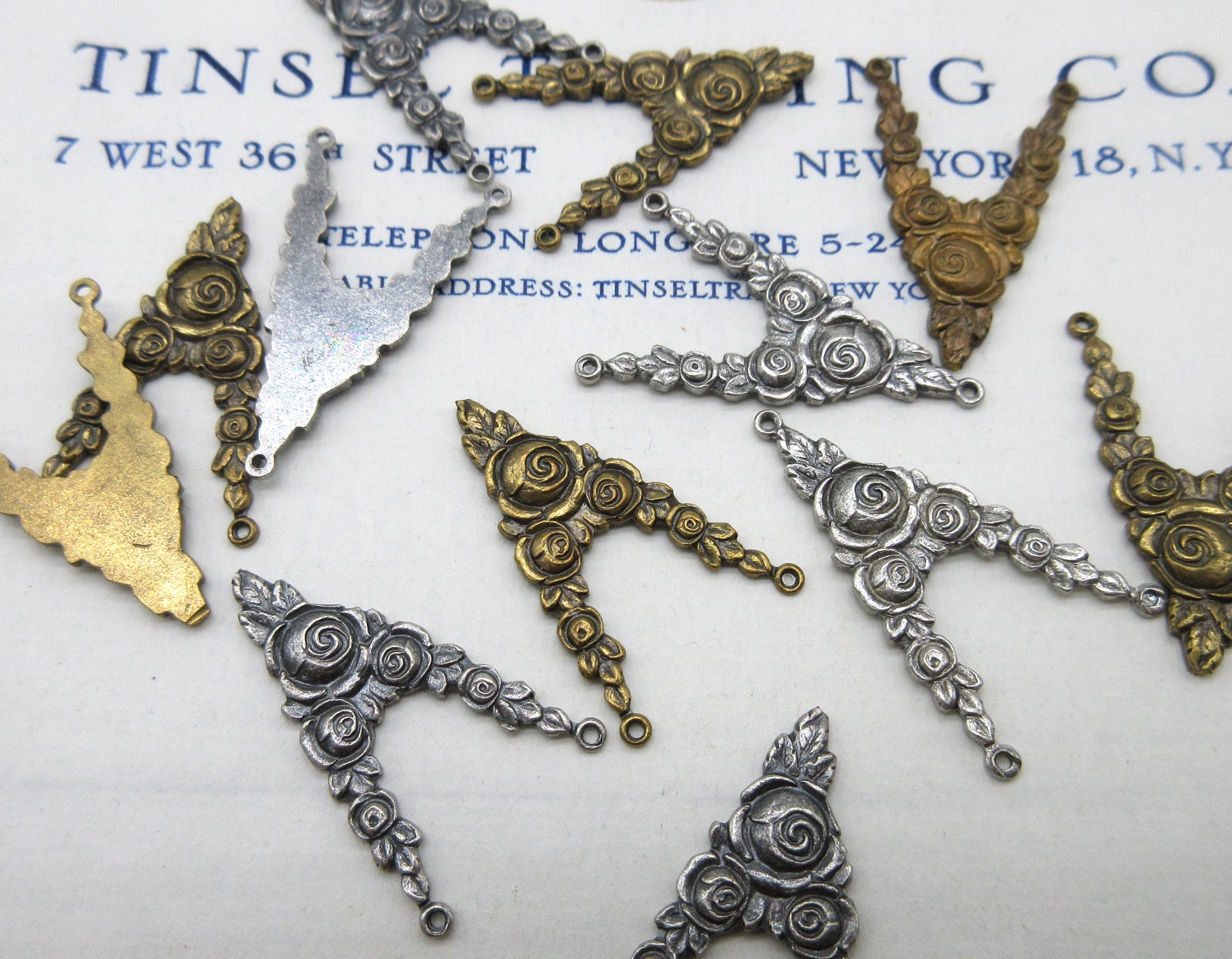 V Shape Floral Dark Gold Silver Stampings 6 Pcs