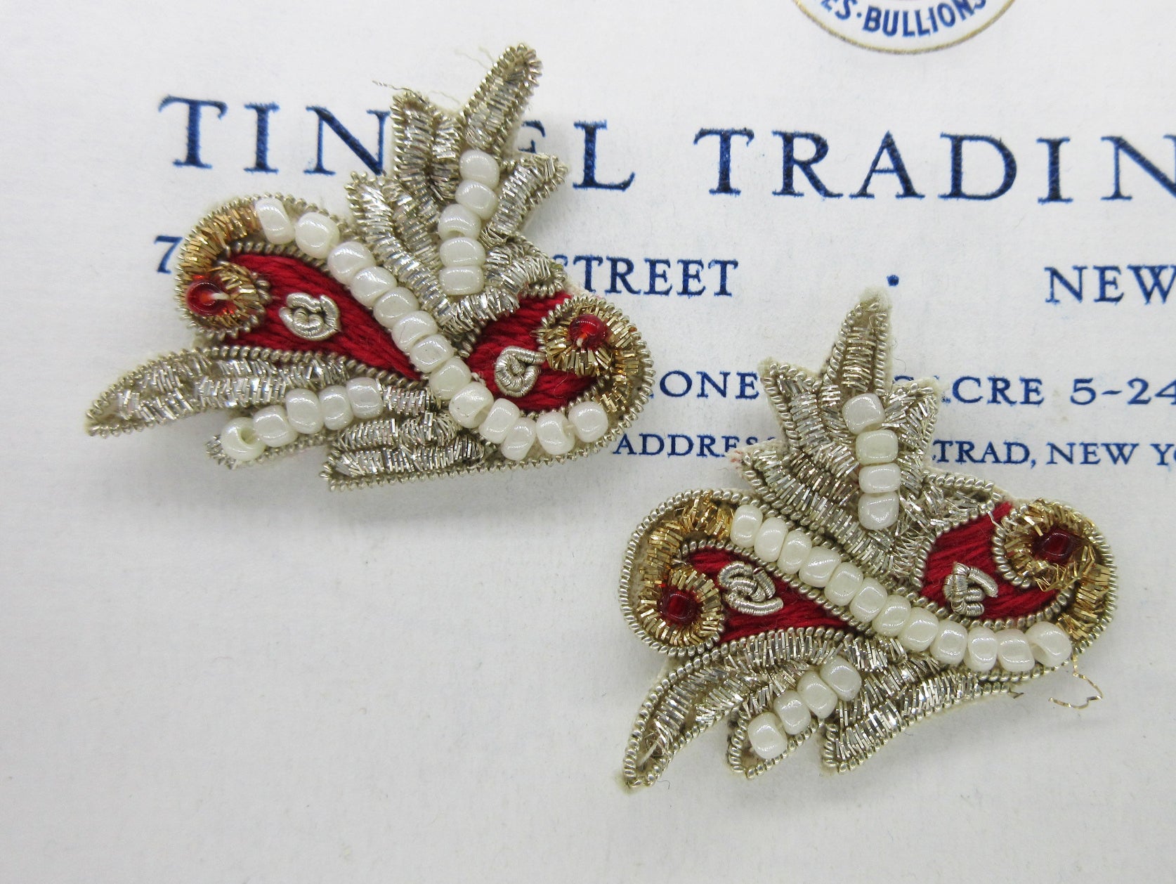 Pair Red and Silver Bullion with Pearls Applique - SALE