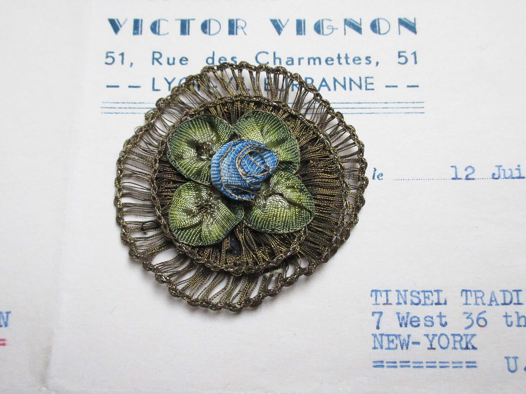 Dark Gold Rosette W/Blue Rosebud Applique