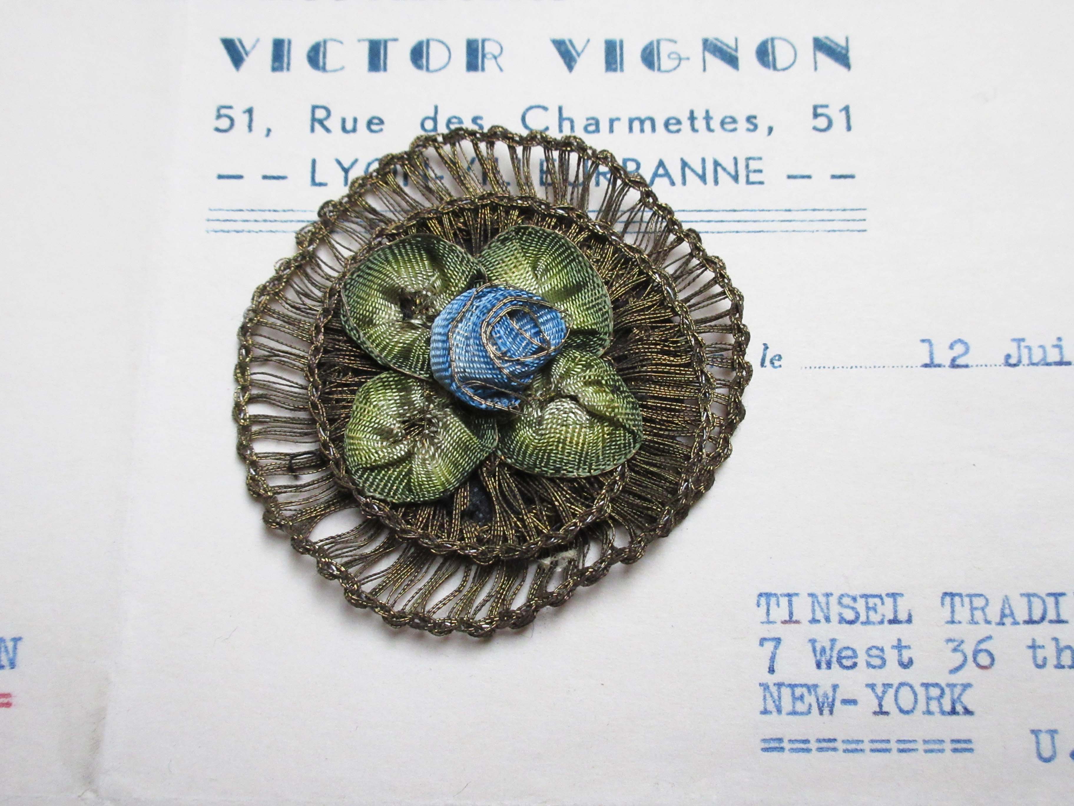 Dark Gold Rosette W/Blue Rosebud Applique