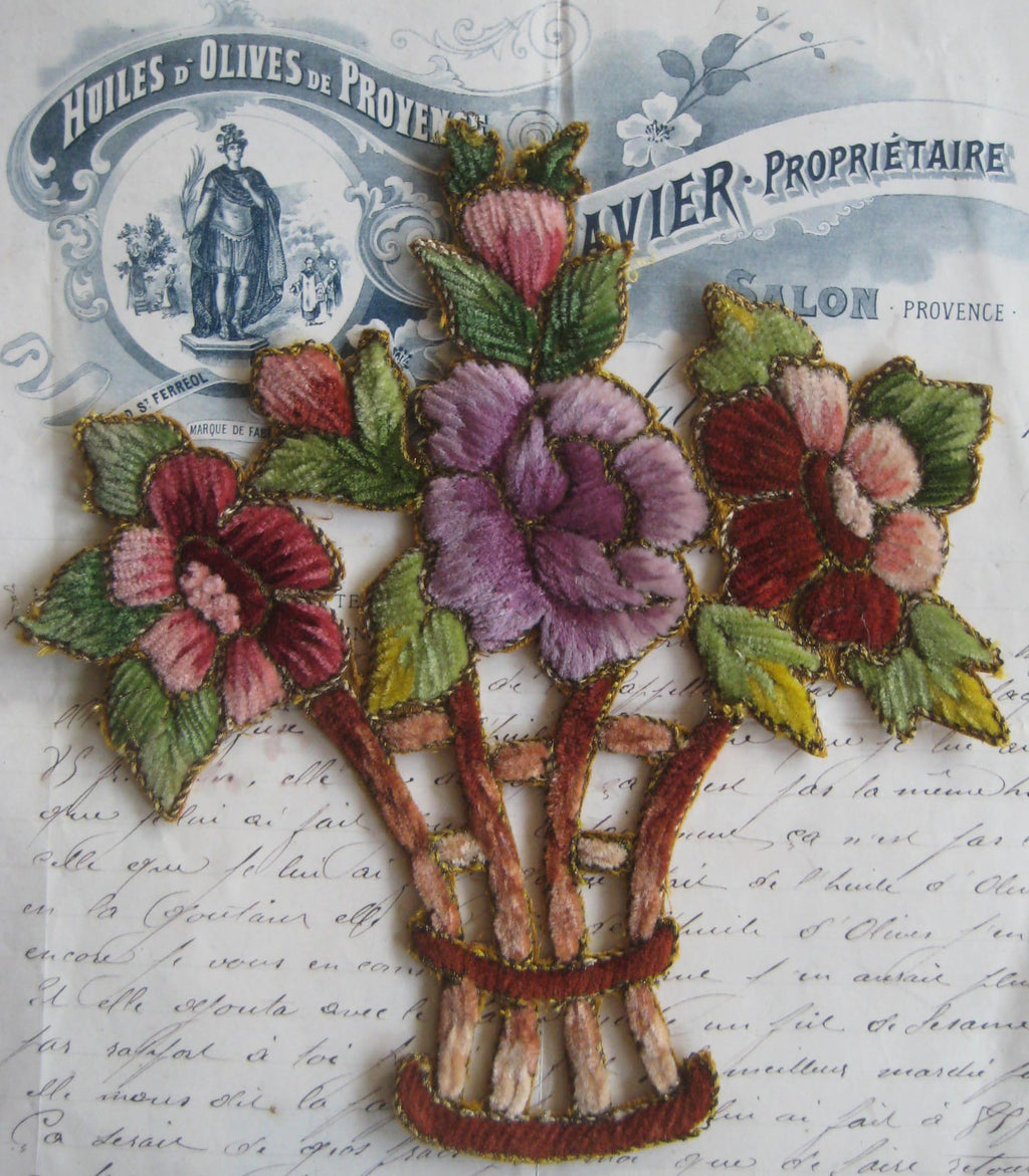 Multi-Color French Chenille Basket of Flowers Applique
