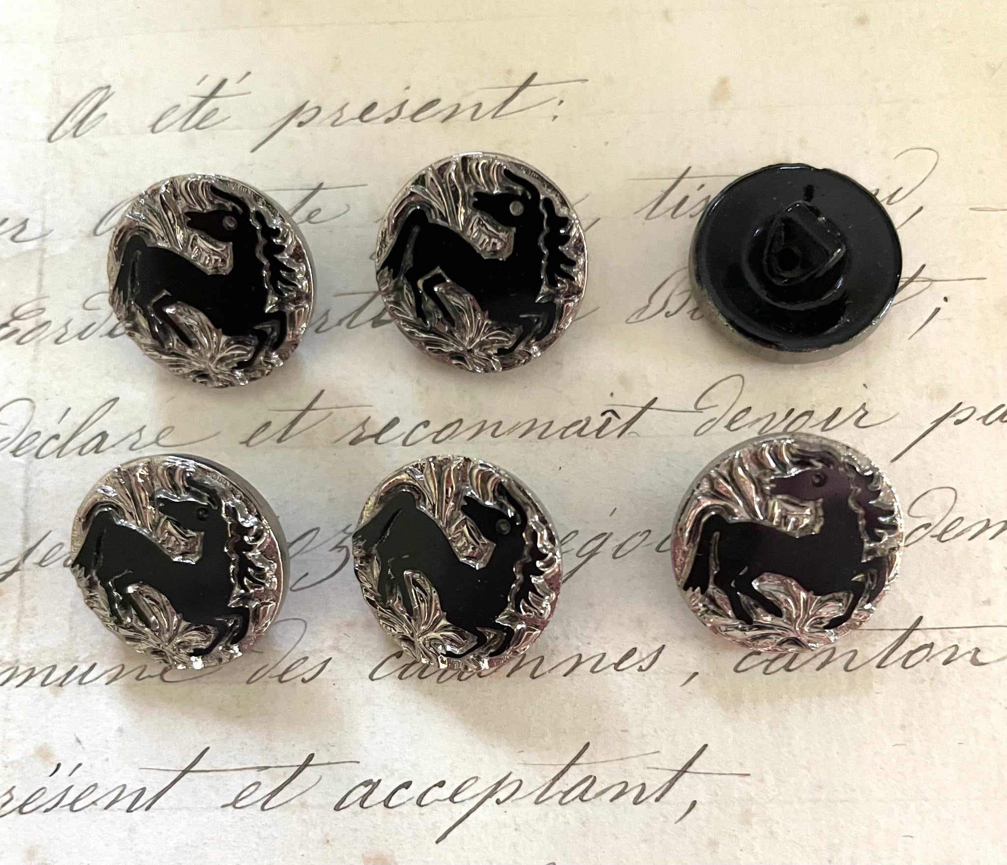 6 Black W/Silver Horse Glass Buttons