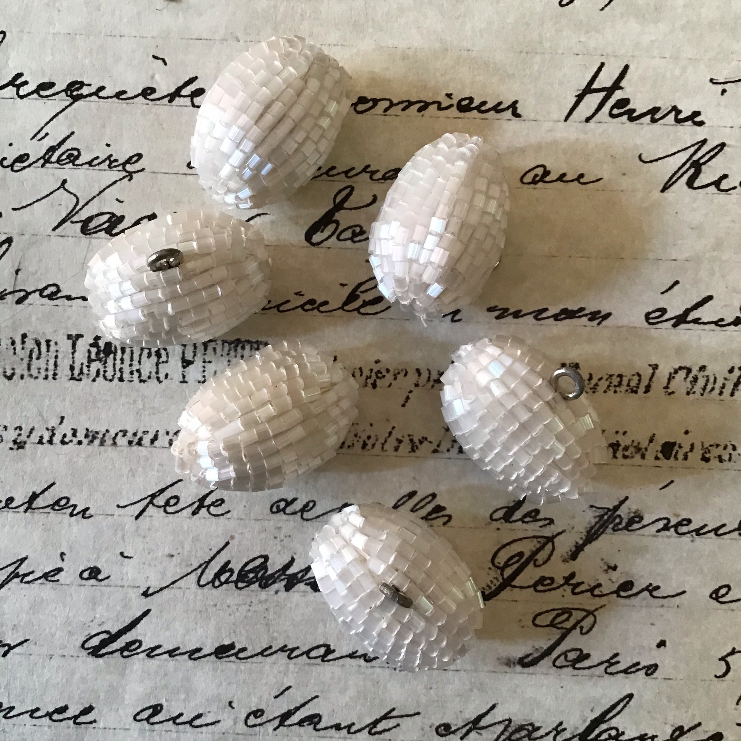 6 White Satin Glass Bugle Toggle Buttons