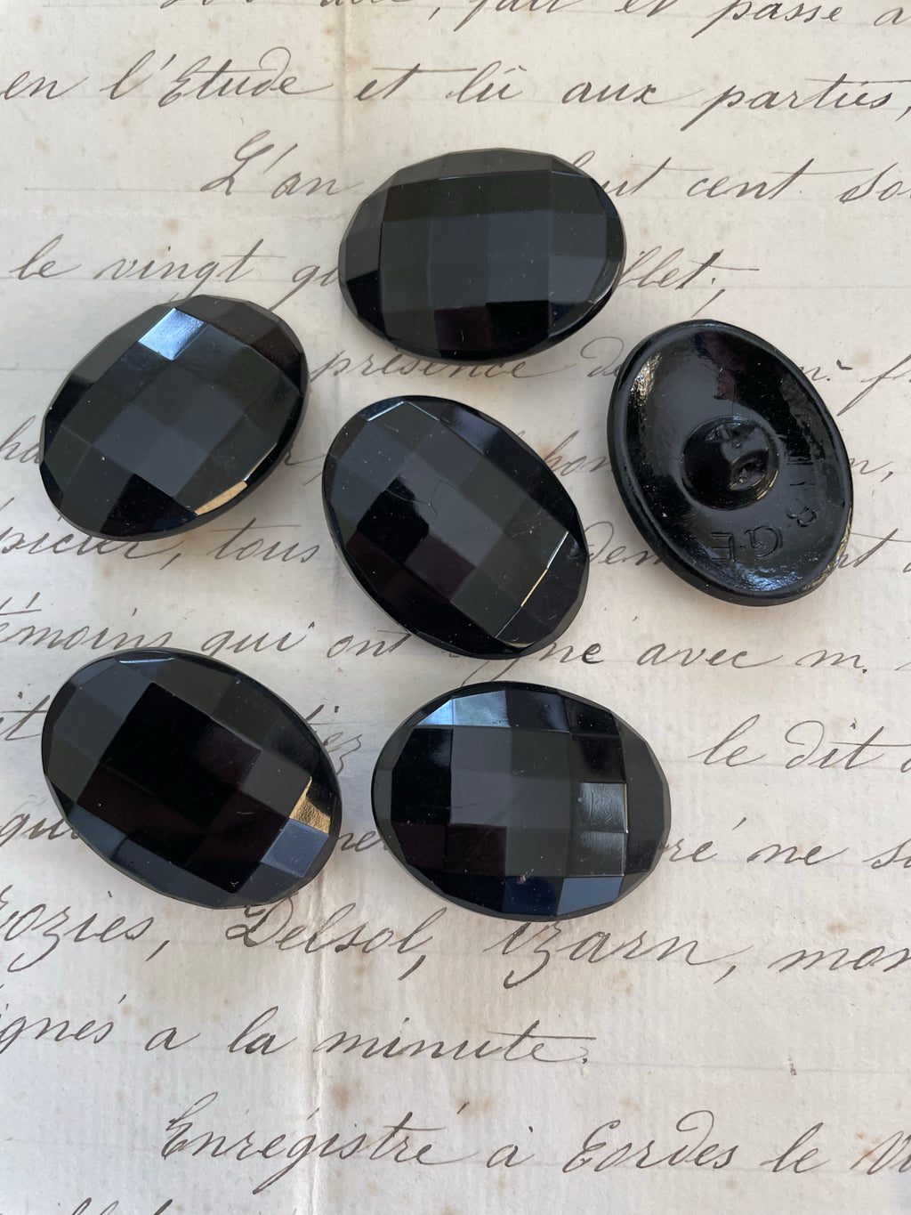 6 Black Oval Faceted Glass Buttons - 2 Sizes