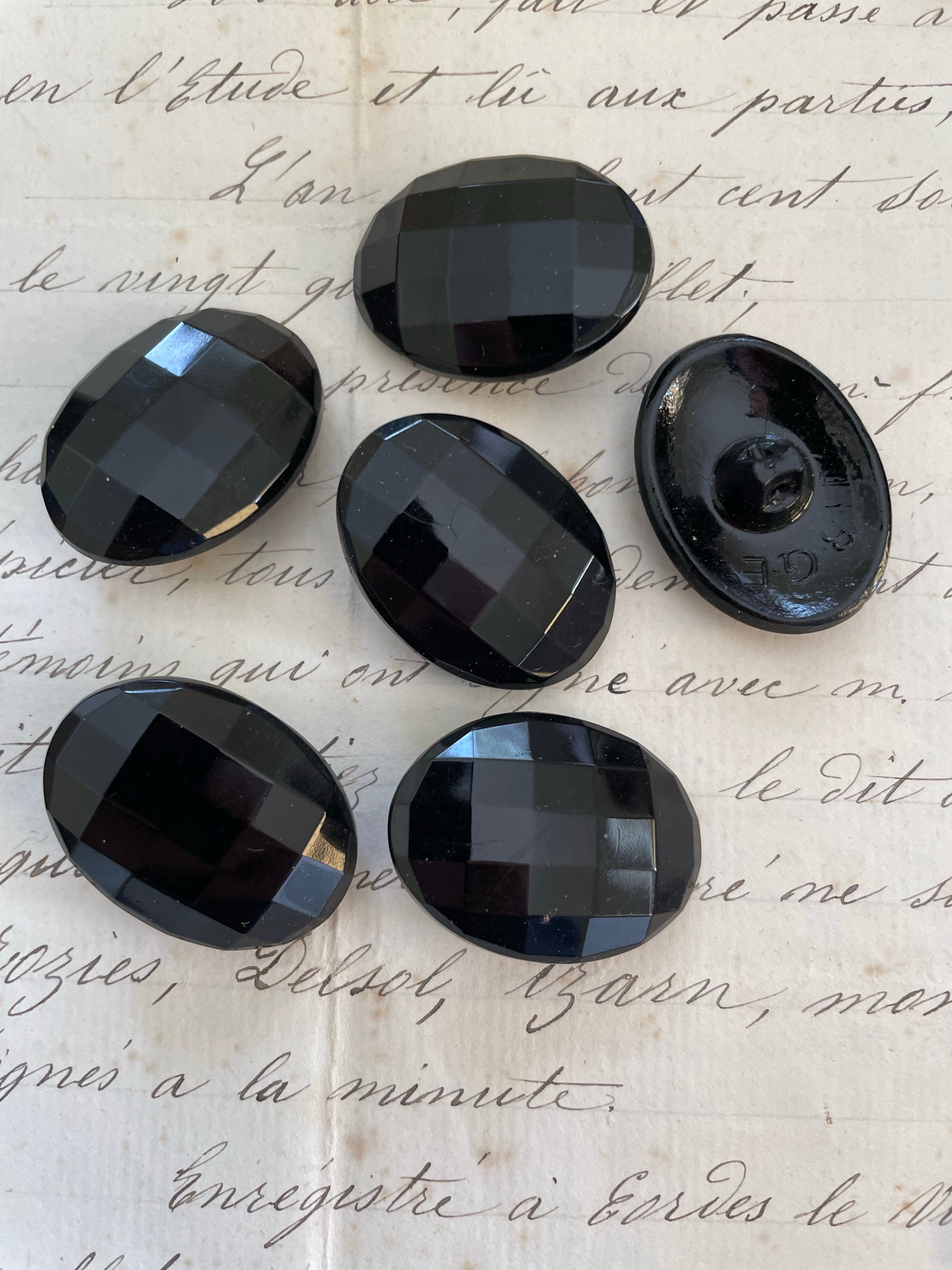 6 Black Oval Faceted Glass Buttons - 2 Sizes