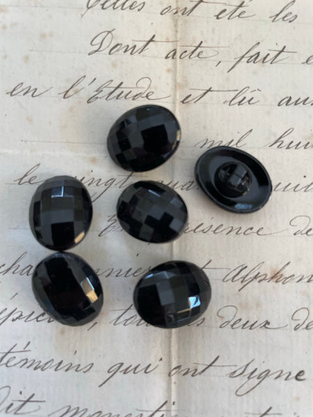6 Black Oval Faceted Glass Buttons - 2 Sizes