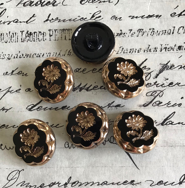 6 Black Glass Buttons - Gold or Dark Silver