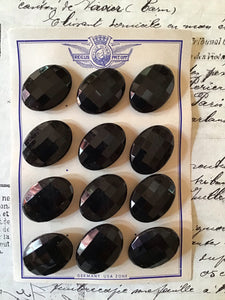 12 Black Oval Faceted Glass Buttons