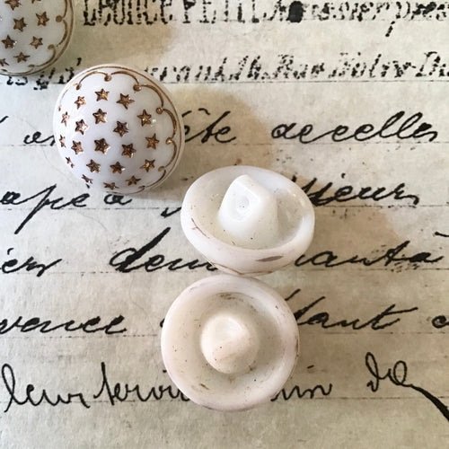 6 White Glass Buttons w/Painted Gold Stars