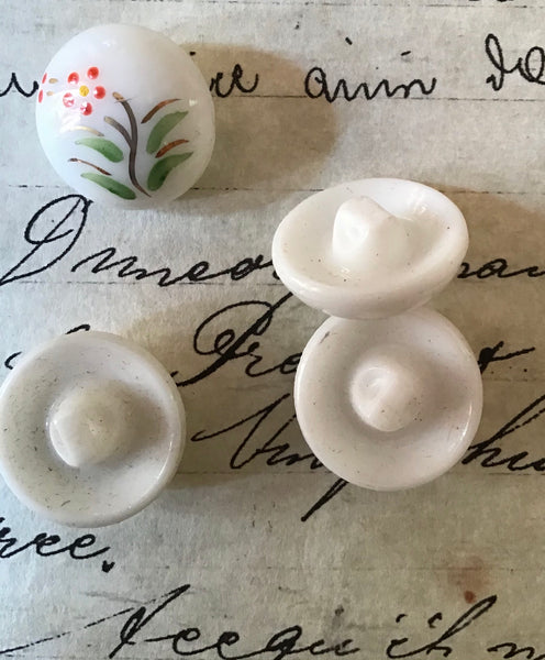 6 White Glass Buttons w/Painted Floral