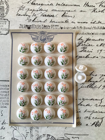 2 Doz White Glass Buttons w/Painted Floral Original Card