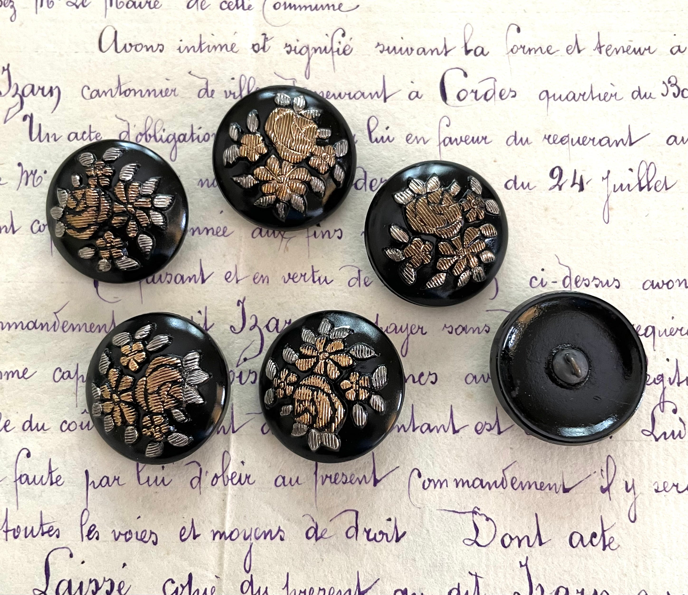 6 Glass Black W/Silver & Gold Floral