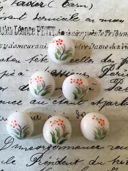 6 White Glass Buttons w/Painted Floral