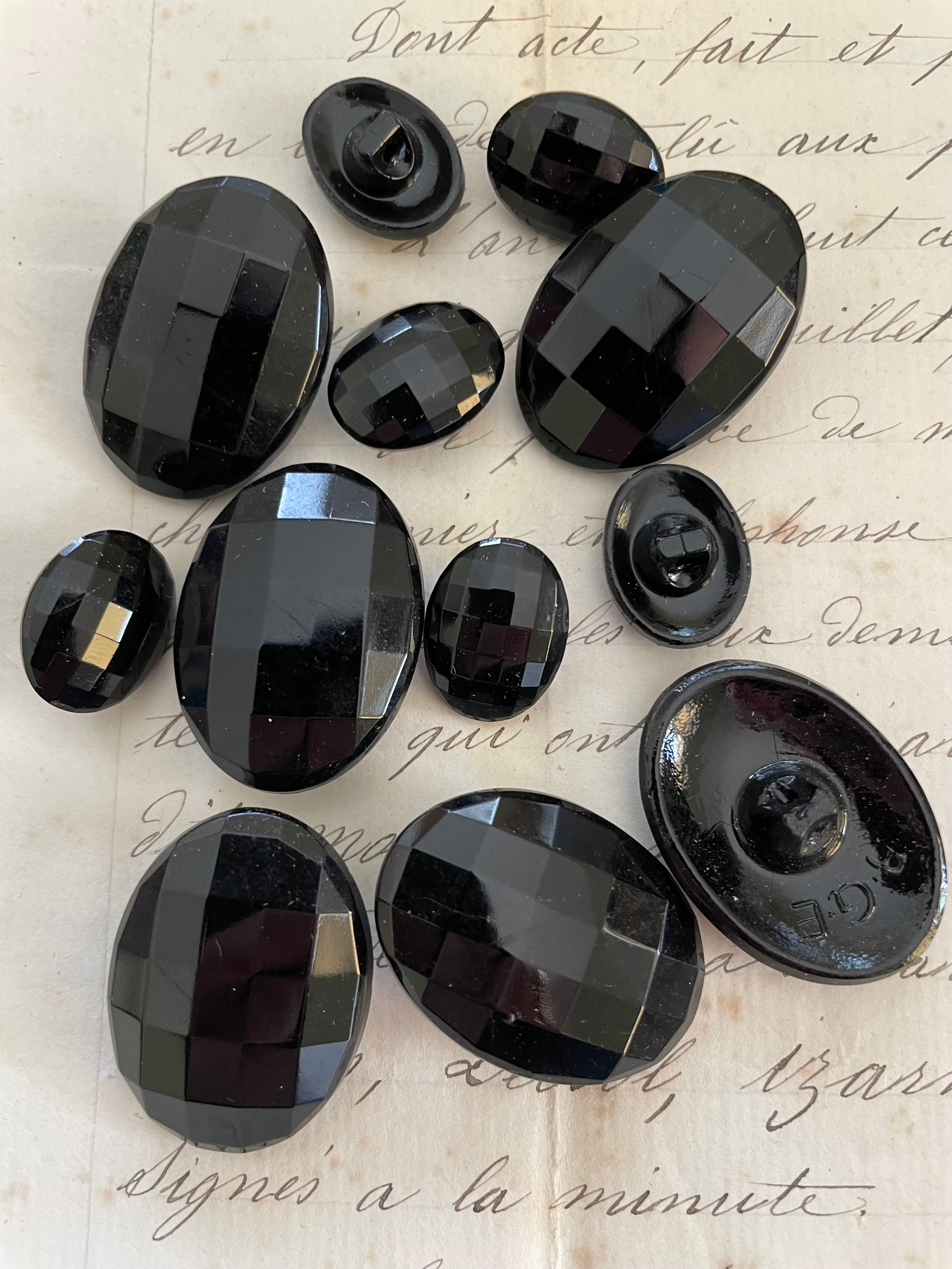 6 Black Oval Faceted Glass Buttons - 2 Sizes