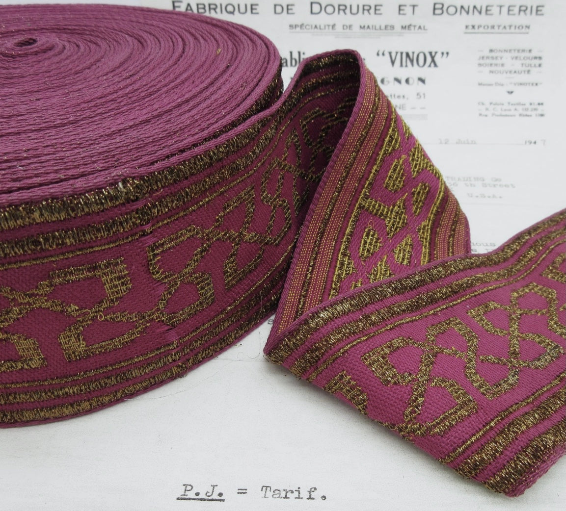 Dark Pink/Gold Metallic Galloon Trim 2 1/2"