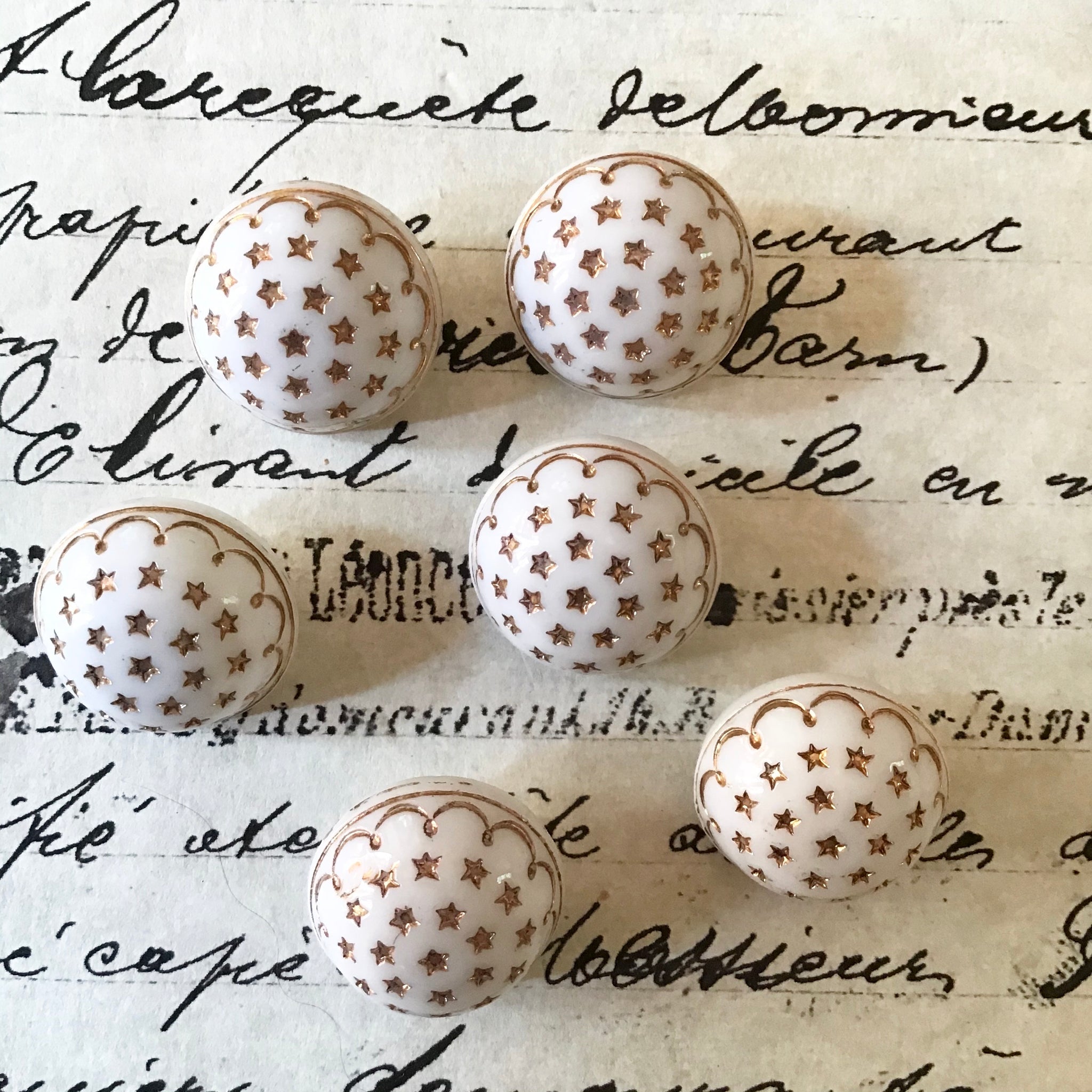 6 White Glass Buttons w/Painted Gold Stars