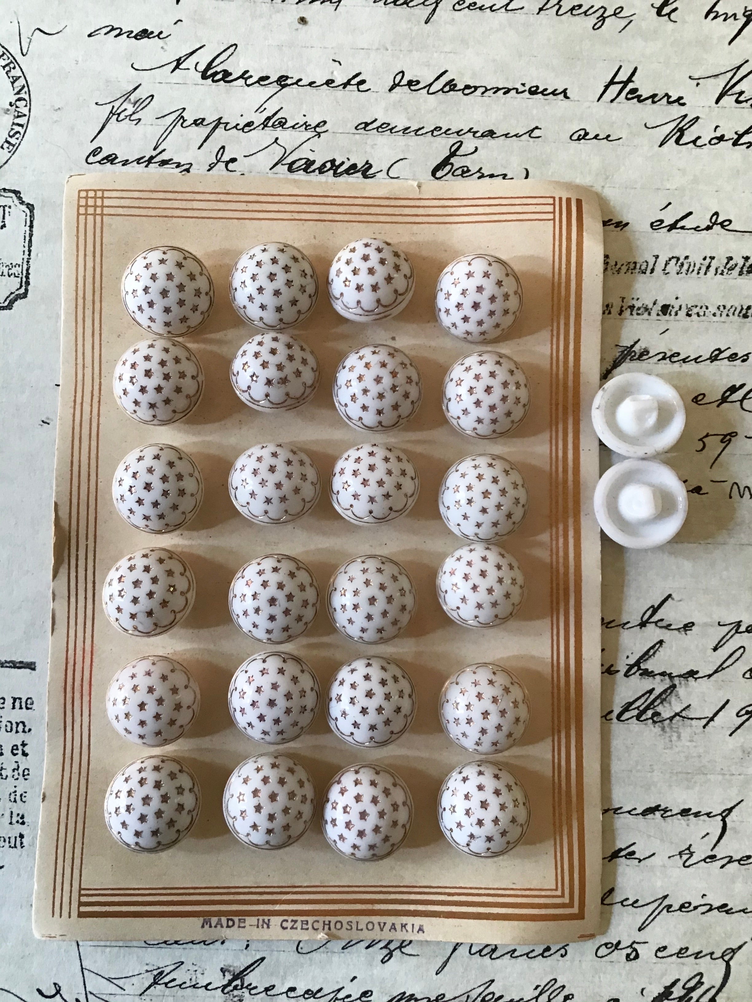 2 Doz White Glass Buttons w/Painted Gold Stars Original Card
