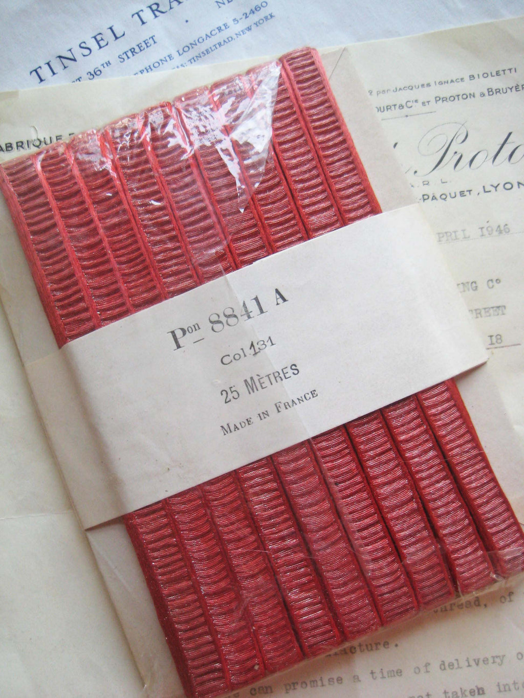 French Red/Silver Metallic Rouched/Pleated 3/8" 1 Yard